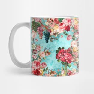 Elegant Vintage flowers and roses garden shabby chic, vintage botanical, pink floral pattern aqua blue artwork over a Mug